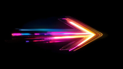 Sticker - A colorful arrow made of glowing light beams, pointing right at the center on a black background he arrow forms an elegant and dynamic shape with a sense of motion and speed Generative AI