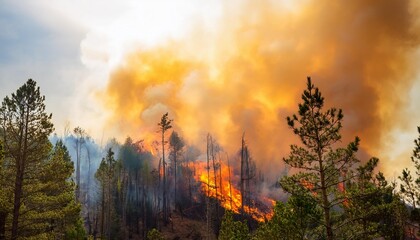 Wall Mural - devastating wildfire in dense forest amid global warming crisis