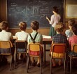 © Cetin - children sitting at desks in the classroom, with one teacher standing and presenting something on the blackboard