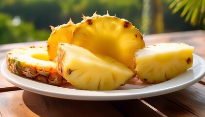 Wall Mural - a portrait of a white plate sitting on a beautiful wooden table counter containing delicious slices of pineapples lit up by a bright sunny day