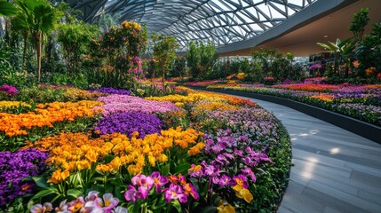 Wall Mural - A Vibrant Floral Paradise in a Modern Greenhouse