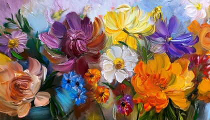 colorful flowers on a canvas painted with oil paints generative ai