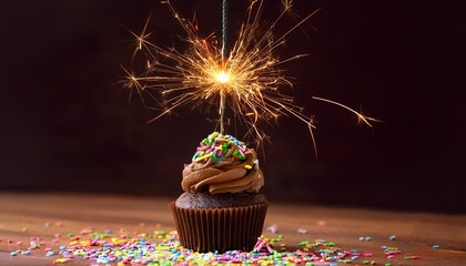 a chocolate cupcake topped with colorful sprinkles and decorated with a lit sparkler stands against a dark background