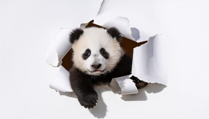 playful panda peeking through ripped white paper