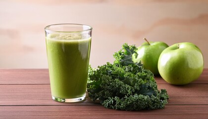 Wall Mural - green apple smoothie in glass and kale leaves on wooden table