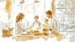 © Georgii - Charming hand-drawn sketch of a European family cooking together in a cozy kitchen setting, emphasizing family bonds and joyful collaboration