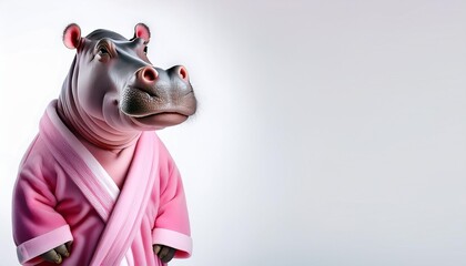 cute cartoon digital art of an anthropomorphic hippo in a pink dressing gown isolated on a white background safari art