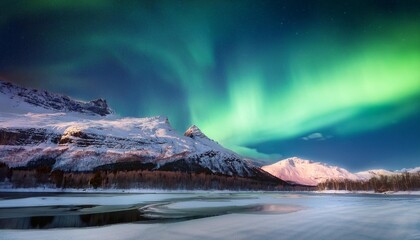 Wall Mural - stunning northern lights illuminate the night sky over a serene winter landscape featuring mountains and reflective icy waters