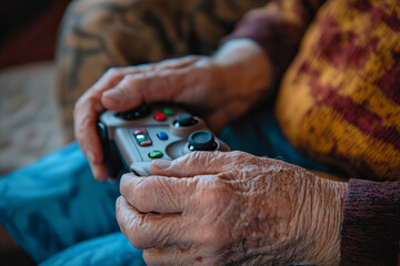 Wall Mural - Close up of a senior man playing video games at home