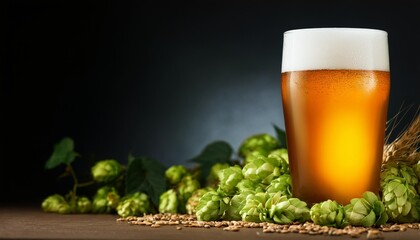 Wall Mural - a glass of beer on a background of hops and grains on a dark background