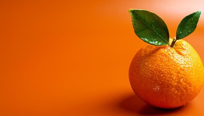 Wall Mural - fresh orange with leaves on orange background food photo