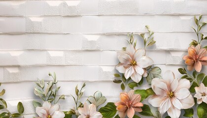 Wall Mural - flowers on the old white wall background digital wall tiles or wallpaper design