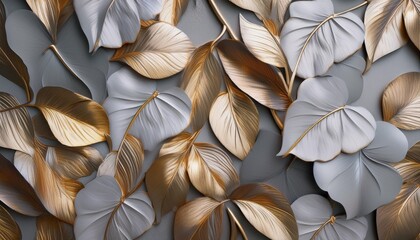 Wall Mural - grey gold leafs wallpaper