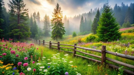 Serene misty forest landscape with lush green trees, rustic wooden fence, and vibrant wildflowers, creating a warm and inviting natural background for any scene.