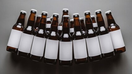 Selective focus of glass beer bottles with blank white labels isolated on grey