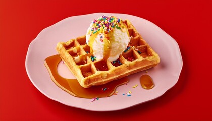 delicious caramel flavored waffle with vanilla ice cream rainbow sprinkles and golden syrup isolated on red background