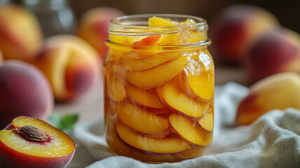 Wall Mural - Sliced peaches in a jar with fresh whole peaches around.