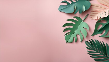 Wall Mural - tropical leaves cut from paper on a pink background