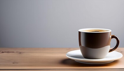 cup of coffee on wooden table with grey background