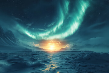 Wall Mural - The Northern Lights dancing in the sky above a frozen tundra. Concept of Earth's natural light displays and polar regions.