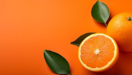 Wall Mural - fresh orange with leaves on orange background food photo