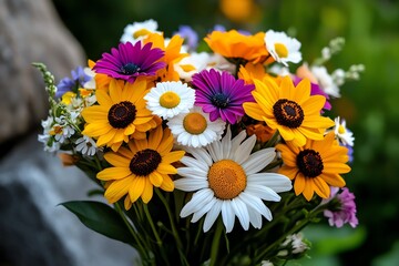 Wall Mural - Flower bouquet gift with a mix of wildflowers, captured in a photo where the bouquet is natural and free-spirited, evoking the beauty of a summer meadow