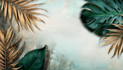 modern illustration with tropical leaves rough grunge textures