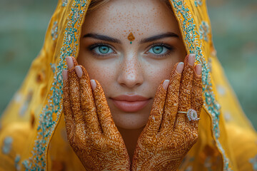 Sticker - A woman carefully painting intricate patterns on her hands with henna for a cultural wedding ceremony. Concept of beauty and tradition in cultural practices.