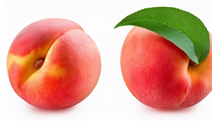 ripe whole peach fruit with green leaf isolated on transparent background full depth of field