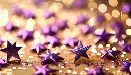 twinkling purple stars on a gold bokeh background dotted with small twinkling purple stars