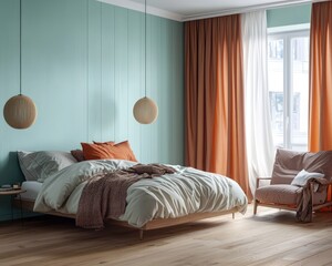 Wall Mural - Aqua-walled bedroom with a cozy armchair and minimalist styling.