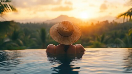 Wall Mural - Golden Sunset Reflections in Infinity Pool