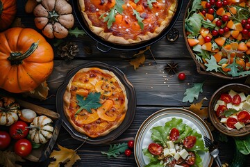 Wall Mural - Autumn Feast: A Colorful Spread of Pies, Salads, and Pumpkins