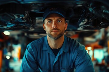 Professional car technician working on automobile