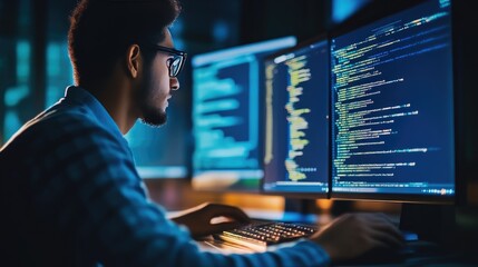 Focused Programmer Coding on Computer Screen