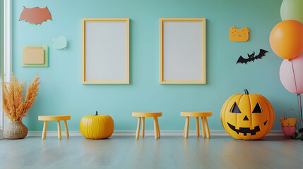 Wall Mural - Colorful pastel colors learning rooms for pre-primary students or young children blank mockup frames on halloween wall of kindergarten or children playroom, display and show mockup