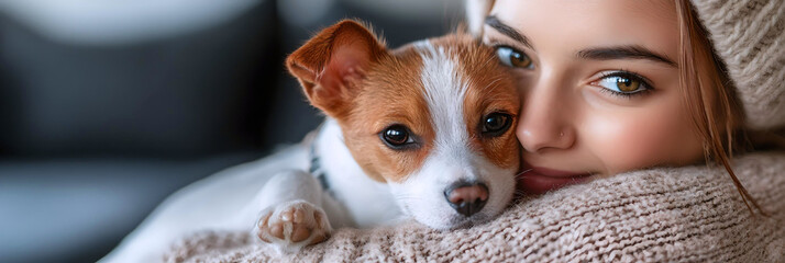 A close-up of a woman cuddling with her adorable puppy, both sharing a warm and affectionate moment, symbolizing love and companionship.
