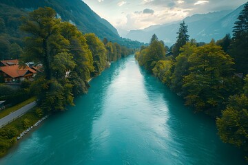 Wall Mural - Serene River Surrounded by Lush Greenery and Majestic Mountains