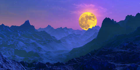 Wall Mural - Full Moon landscape poster background. Night mountain landscape horizontal banner. Digital raster illustration. AI artwork.	