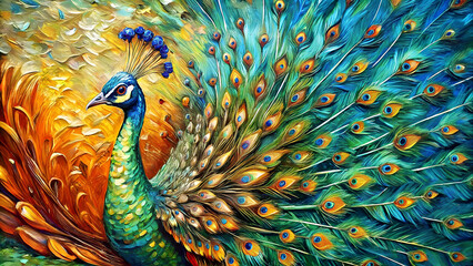conceptual abstract picture of the peacock with a colorful tail, oil painting and palette knife on c