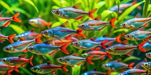 Vibrant school of rasbora fish swimming together in unison, their iridescent blue and red scales catching light amidst lush green aquatic plants and soft water currents.