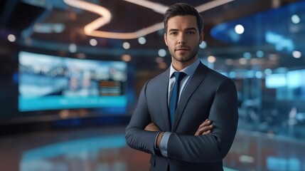 Wall Mural - Professional businessman standing confidently in a modern office setting with arms crossed, wearing a suit and tie, representing corporate success, leadership, and confidence in a business environment