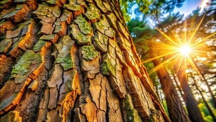 Vibrant sunlight highlights intricate patterns and textures of rough, weathered tree bark, revealing natural beauty and detail in a serene, earthy close-up composition.
