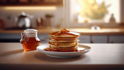 Wall Mural - pancakes in a stack on a wooden surface, poured with maple syrup, against the backdrop of the kitchen.
