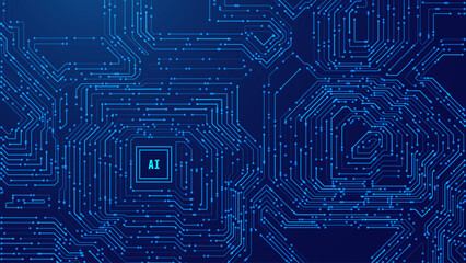 Fototapete - Abstract AI Digital Circuit Board Tech Background. Technology Connected Blue Lines Electronics Elements BG. Computer Motherboard Processor Chip. Neural Network Concept. Vector Illustration.