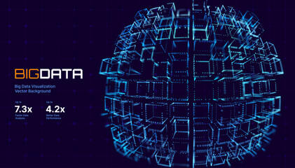 Fototapete - Big Data 3D Cubes Quantum Computer Server Concept Background. 3D Blockchain Cube Blocks Concept. Data Core Abstract Cubes. Artificial Intelligence HUD Design Element.