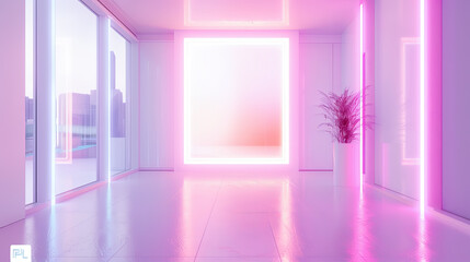 Sticker - Futuristic interior design pink neon lights room modern architecture empty space cyberpunk style glowing vibrant colors creative background