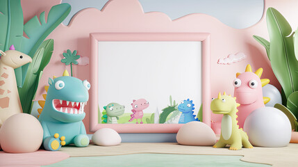 Wall Mural - 3D rendering cute dinosaurs giraffe kids room pastel color frame mockup background cartoon style wallpaper