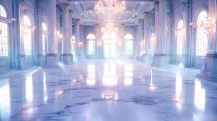 Wall Mural - Luxurious palace ballroom interior render with marble floor columns and arched windows Sunlight streams through windows illuminating spacious room ideal for events architecture design concepts