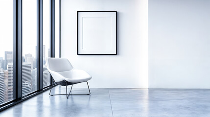 Canvas Print - Modern living room interior white armchair blank photo frame city view window skyscraper building concrete floor minimalist design apartment